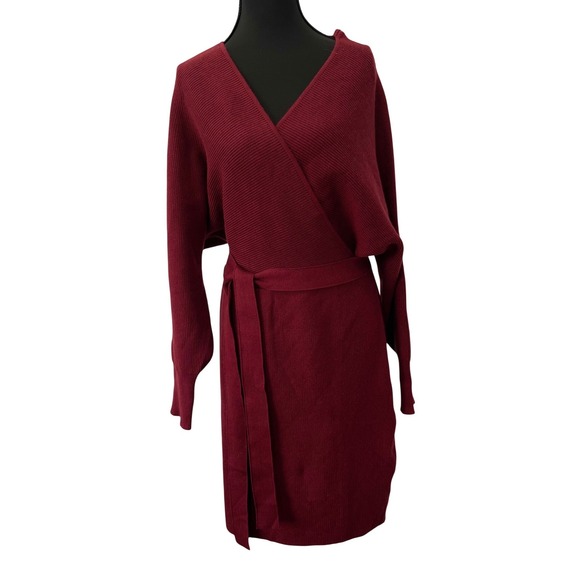 ZESICA Wrap Sweater Dress Women XL Burgundy New Ribbed Batwing V-Neck Mini Tie - Picture 8 of 11